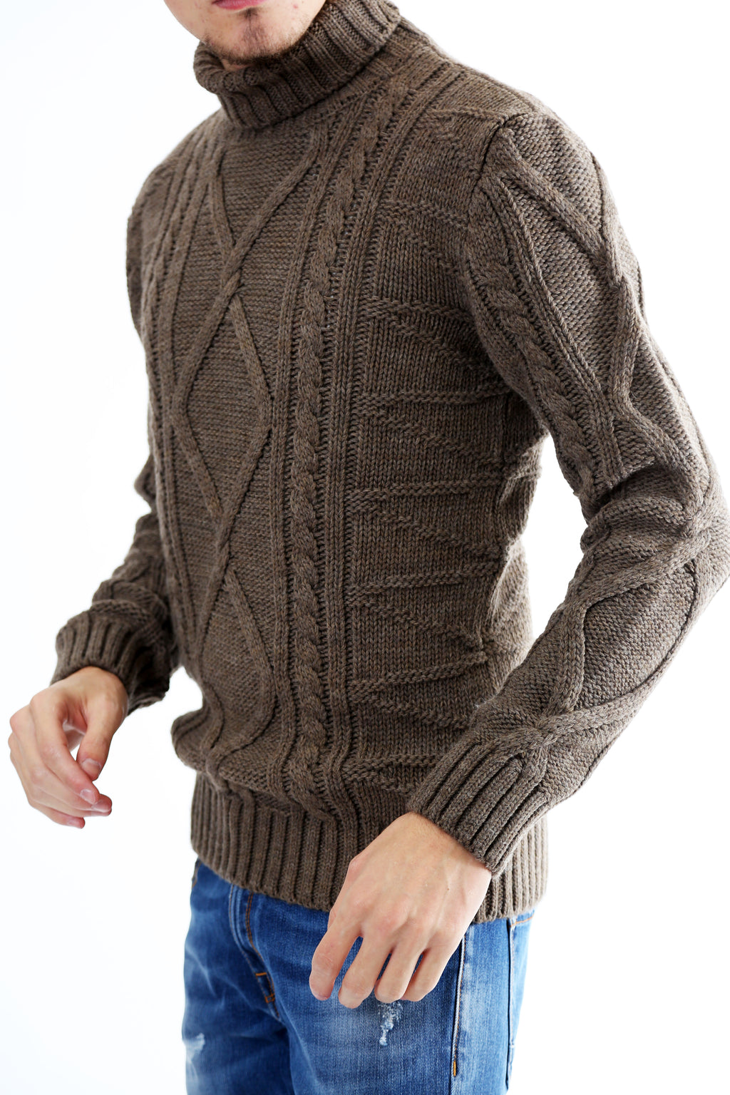 Gold Rush Uomo Maglia Pullover Intrecciato Dolcevita High Neck Grey