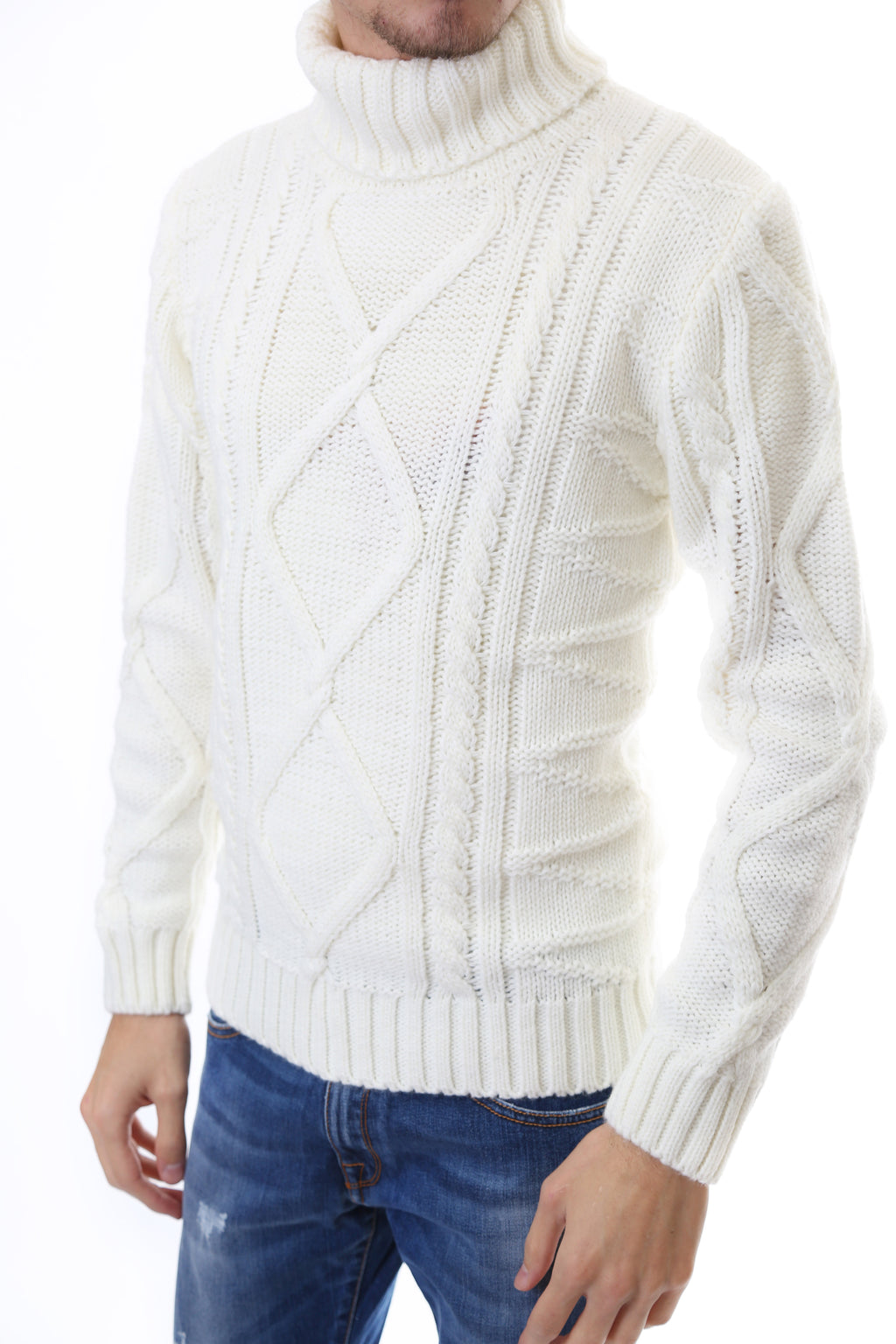 Gold Rush Uomo Maglia Pullover Intrecciato Dolcevita High Neck White