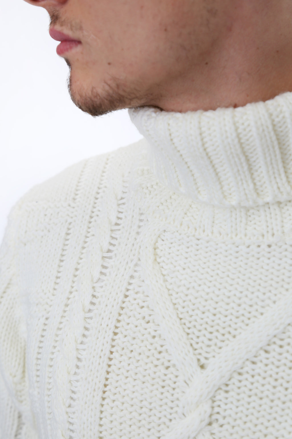 Gold Rush Uomo Maglia Pullover Intrecciato Dolcevita High Neck White