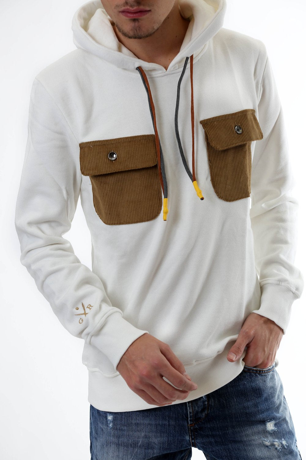 Gold Rush Uomo Felpa Con Cappuccio Hooded Sweatshirt Tasche White